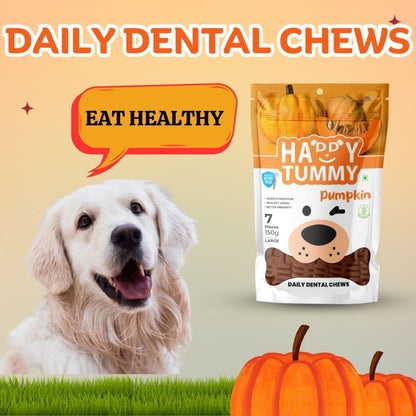Happy Tummy Dental Chew Bone Treat for Dogs - 7Pcs, Large (Pumpkin)