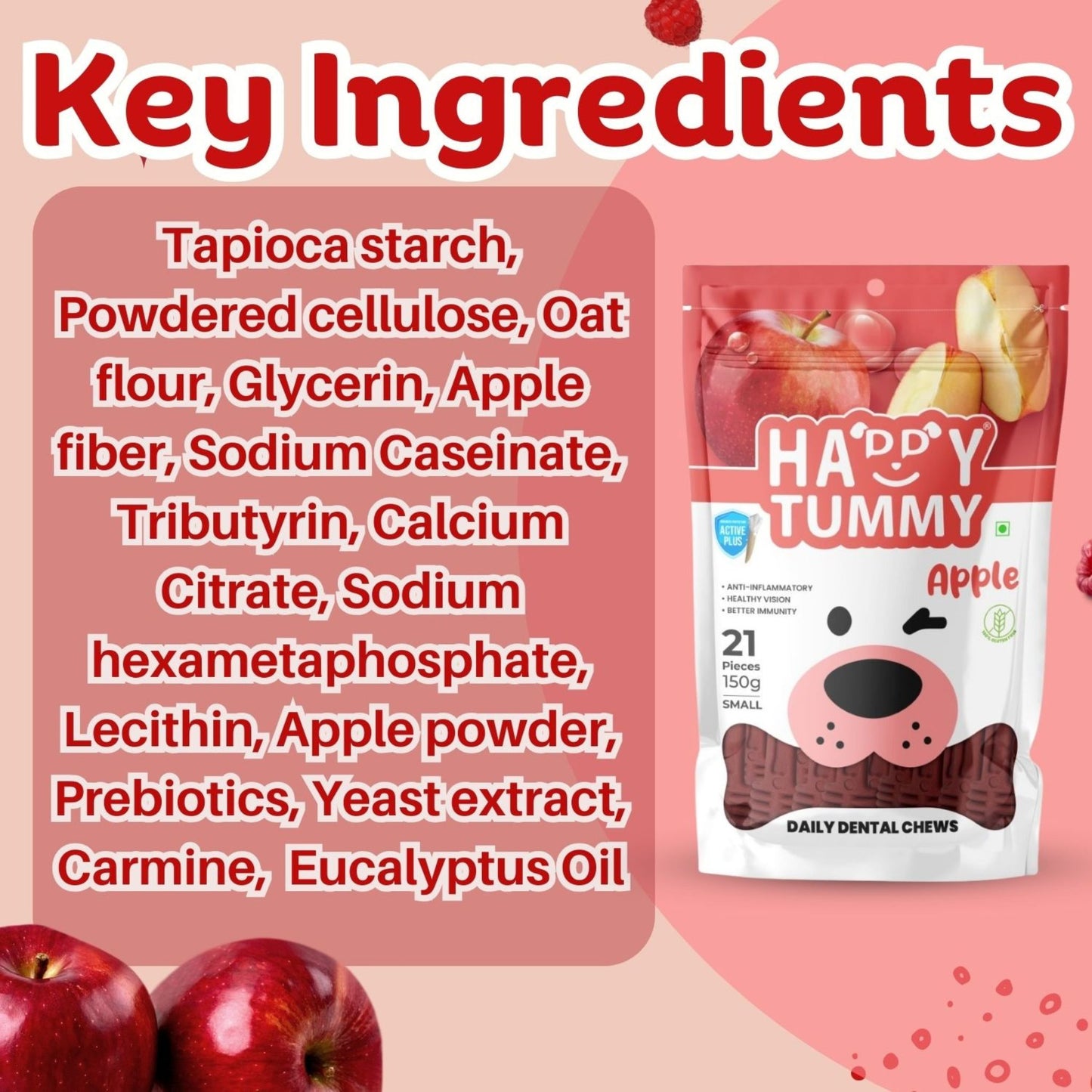 Happy Tummy Dental Chew Bone Treat for Dogs - 21Pcs, Small (Apple)