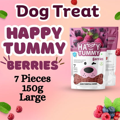 Happy Tummy Dental Chew Bone Treat for Dogs - 7Pcs, Large (Berries)
