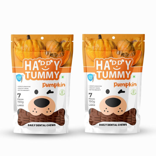 Happy Tummy Dental Chew Bone Treat for Dogs - 7Pcs, Large (Pumpkin, Pack of 2)