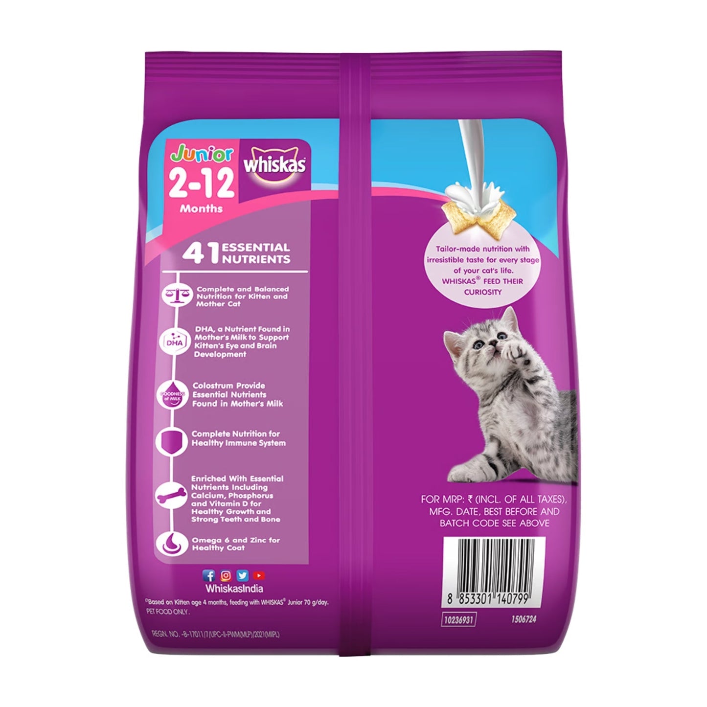 Whiskas Dry Cat Food for Mother and Baby Cat, Ocean Fish Flavor, 6.5Kg