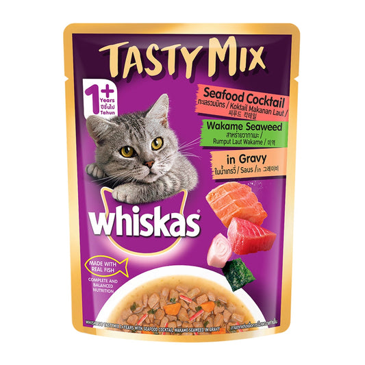Whiskas Adult Cat Tasty Mix Seafood Cocktail in Gravy - 70g, Pack of 24