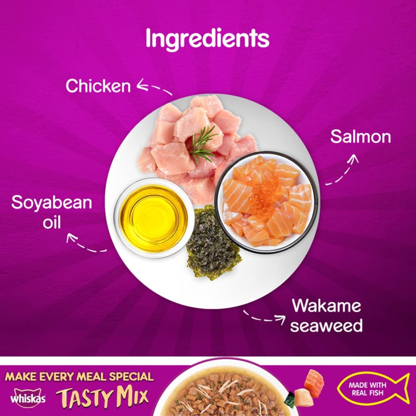 Whiskas Adult Cat Tasty Mix Chicken Salmon in Gravy - 70g, Pack of 12
