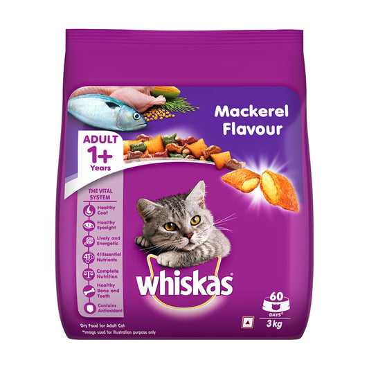 Whiskas Adult Dry Cat Food Food, Mackerel Flavour - 3Kg
