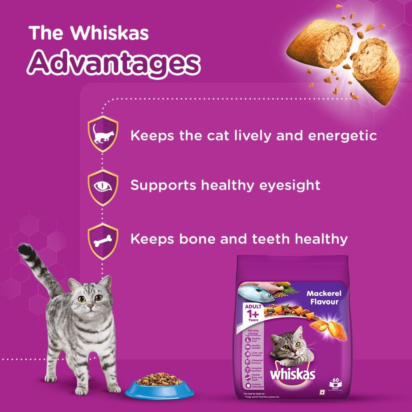 Whiskas Adult Dry Cat Food Food, Mackerel Flavour - 3Kg