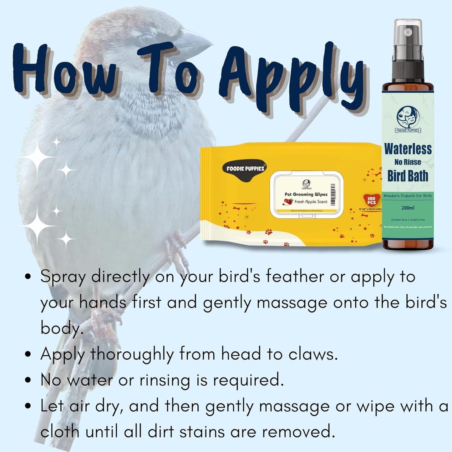 Foodie Puppies  2in1 Bird Grooming Combo for Wipes & Dry Bath-200ml