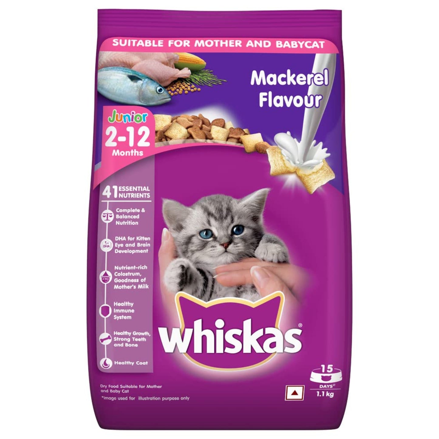 Whiskas Dry Cat Food for Mother and Babycat, Mackerel Flavour, 1.1Kg