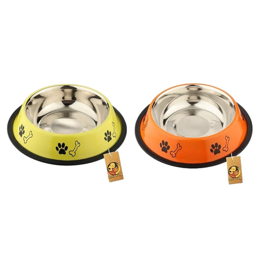 Foodie Puppies Printed Steel Bowl Combo for Pets - 700ml (Yellow & Orange)