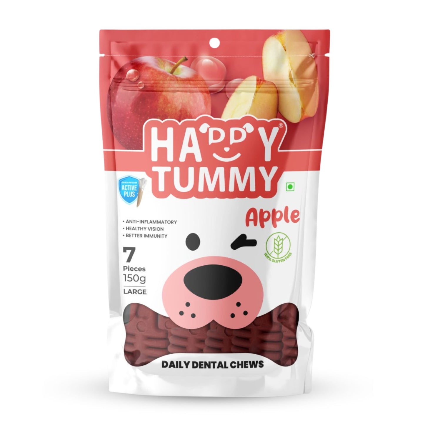 Happy Tummy Dental Chew Bone Treat for Dogs - 7Pcs, Large (Apple)
