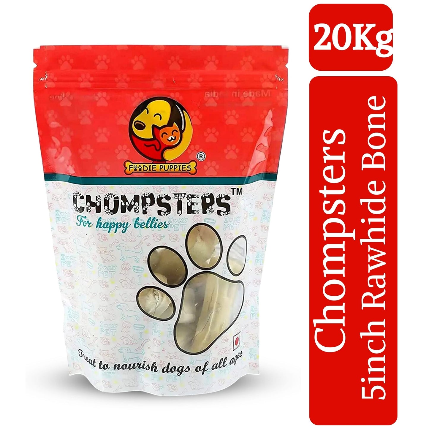 Foodie Puppies Chompsters Rawhide Bone for Dogs - 5inch Bone, 20Kg