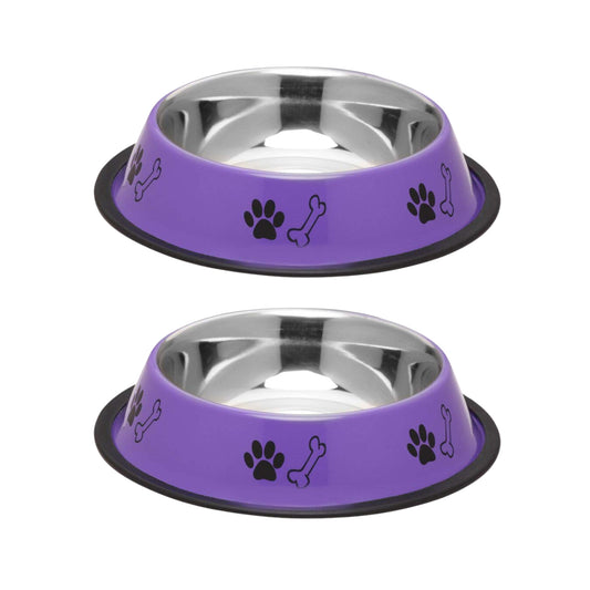 Foodie Puppies Printed Steel Bowl for Pets - 450ml (Purple), Pack of 2