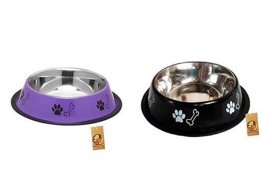 Foodie Puppies Printed Steel Bowl Combo for Pets - 450ml (Black & Purple)