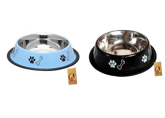 Foodie Puppies Printed Steel Bowl Combo for Pets - 1800ml (Sky blue & Black)