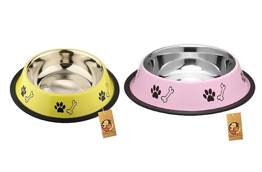 Foodie Puppies Printed Steel Bowl Combo for Pets - 450ml (Pink & Yellow)