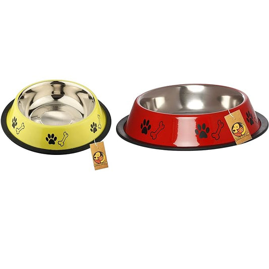 Foodie Puppies Printed Steel Bowl Combo for Pets - 1800ml (Red & Yellow)