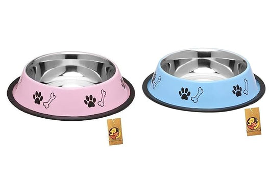 Foodie Puppies Printed Steel Bowl Combo for Pets - 1800ml (Sky Blue & Pink)