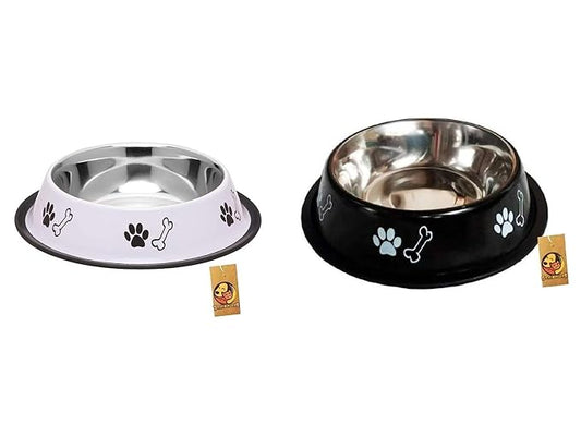 Foodie Puppies Printed Steel Bowl Combo for Pets - 1800ml (White & Black)