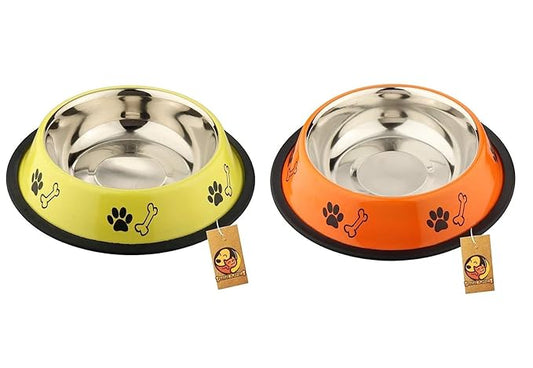 Foodie Puppies Printed Steel Bowl Combo for Pets - 450ml (Yellow & Orange)