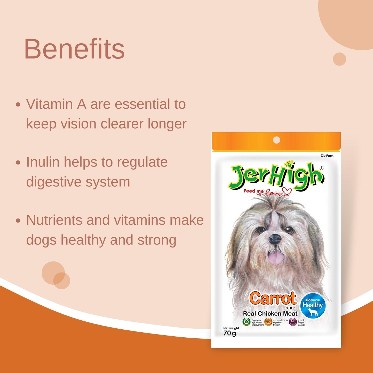 JerHigh Carrot Stick Dog Treat with Real Chicken Meat - 70g, Pack of 12