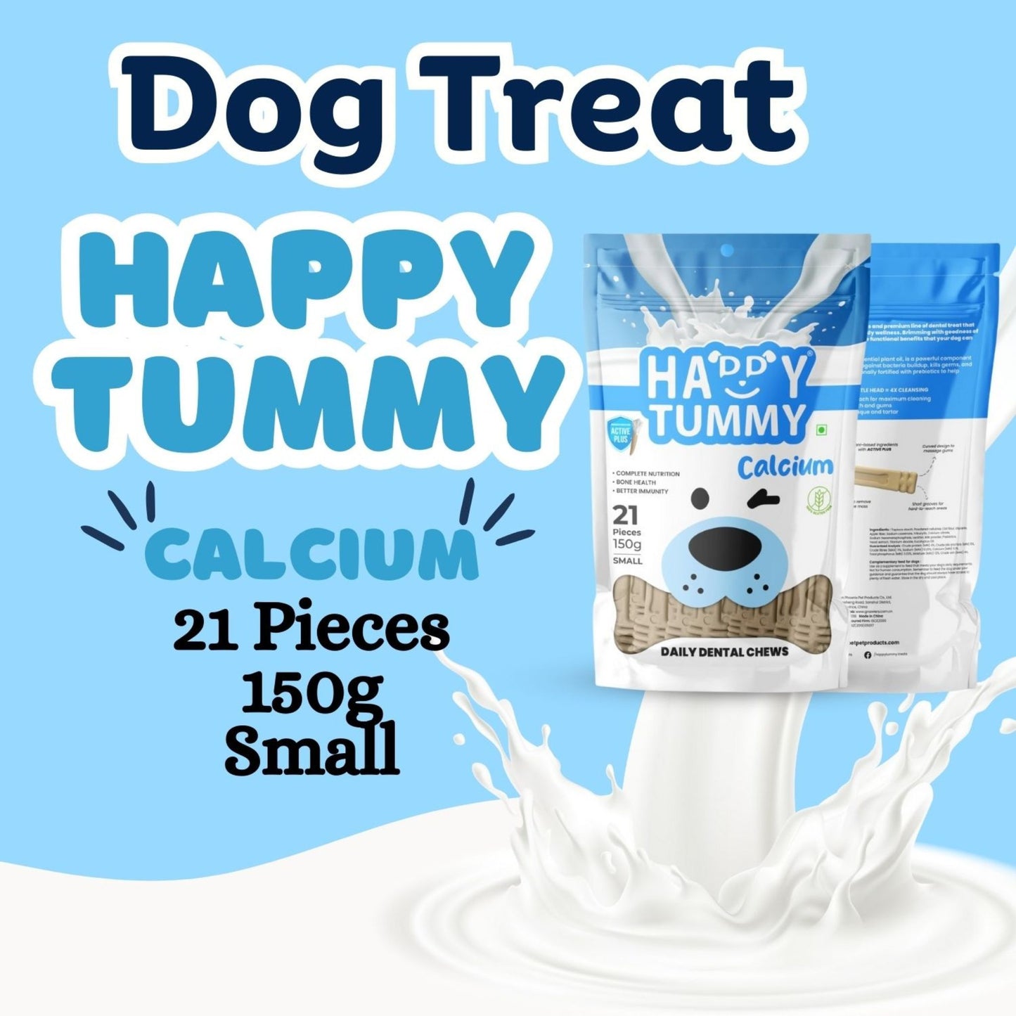 Happy Tummy Dental Chew Bone Treat for Dogs - 21Pcs, Small (Calcium)