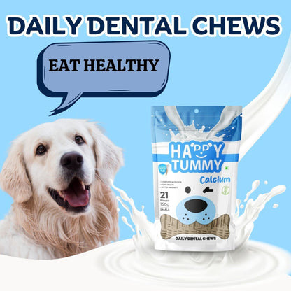 Happy Tummy Dental Chew Bone Treat for Dogs - 21Pcs, Small (Calcium)