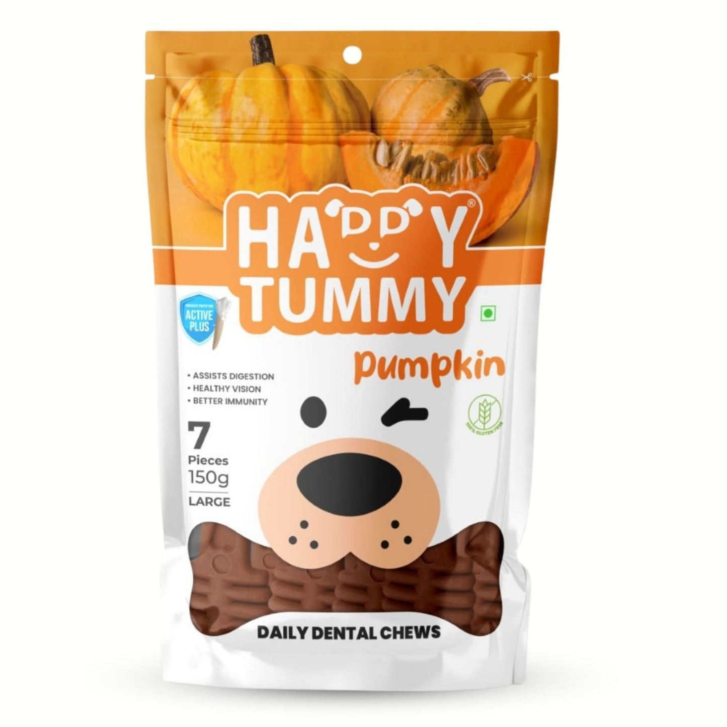 Happy Tummy Dental Chew Bone Treat for Dogs - 7Pcs, Large (Pumpkin)