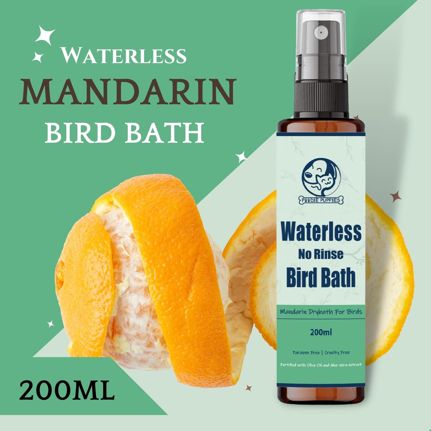 Foodie Puppies Mandarin Waterless Drybath Spray for Birds - 200ml