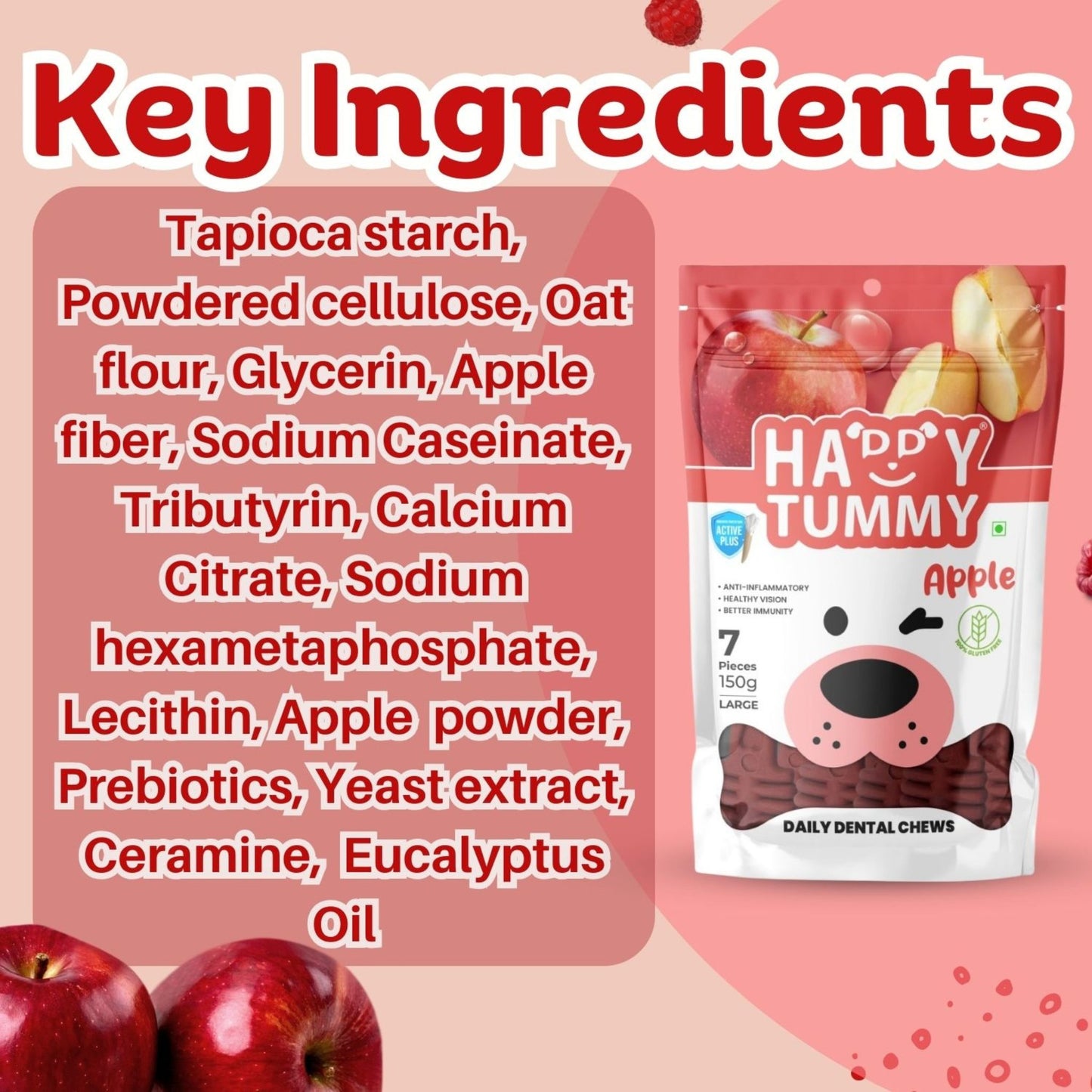 Happy Tummy Dental Chew Bone Treat for Dogs - 7Pcs, Large (Apple)