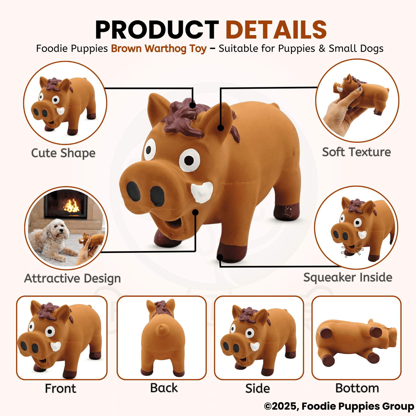 Dog Latex Brown Warthog Squeaky Chew Toy for Small Dogs and Puppies