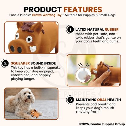 Dog Latex Brown Warthog Squeaky Chew Toy for Small Dogs and Puppies