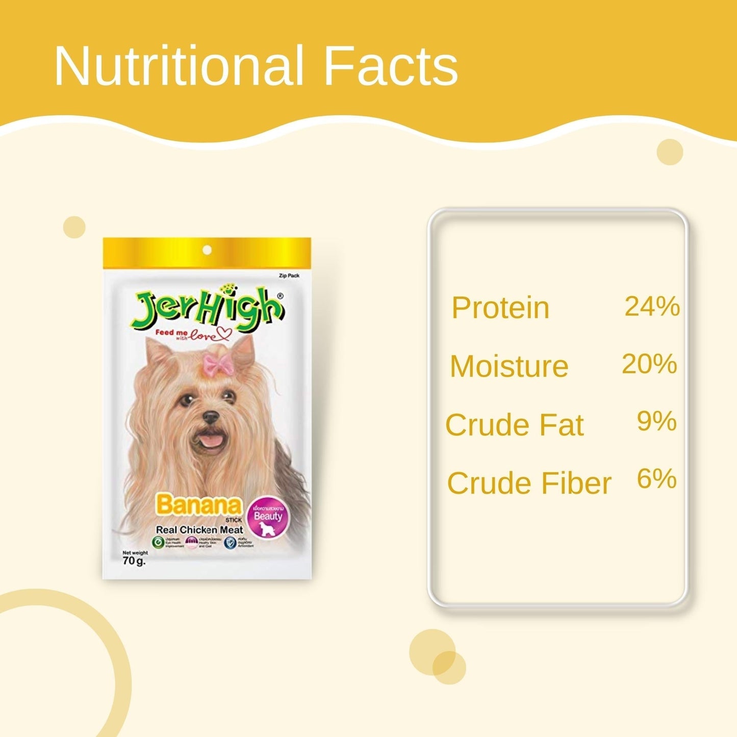 JerHigh Banana Stick Dog Treat with Real Chicken Meat - 70g, Pack of 6