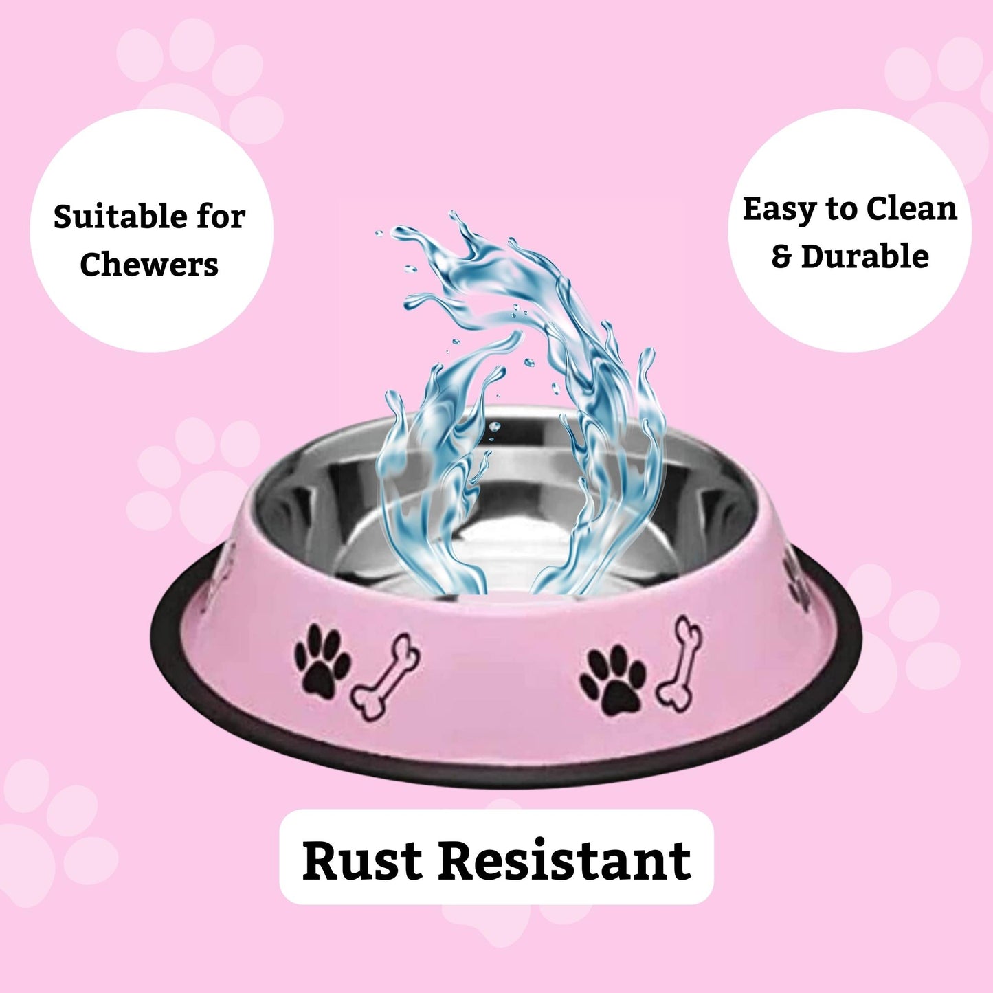 Foodie Puppies Printed Steel Bowl for Pets - 450ml (Pink), Pack of 2