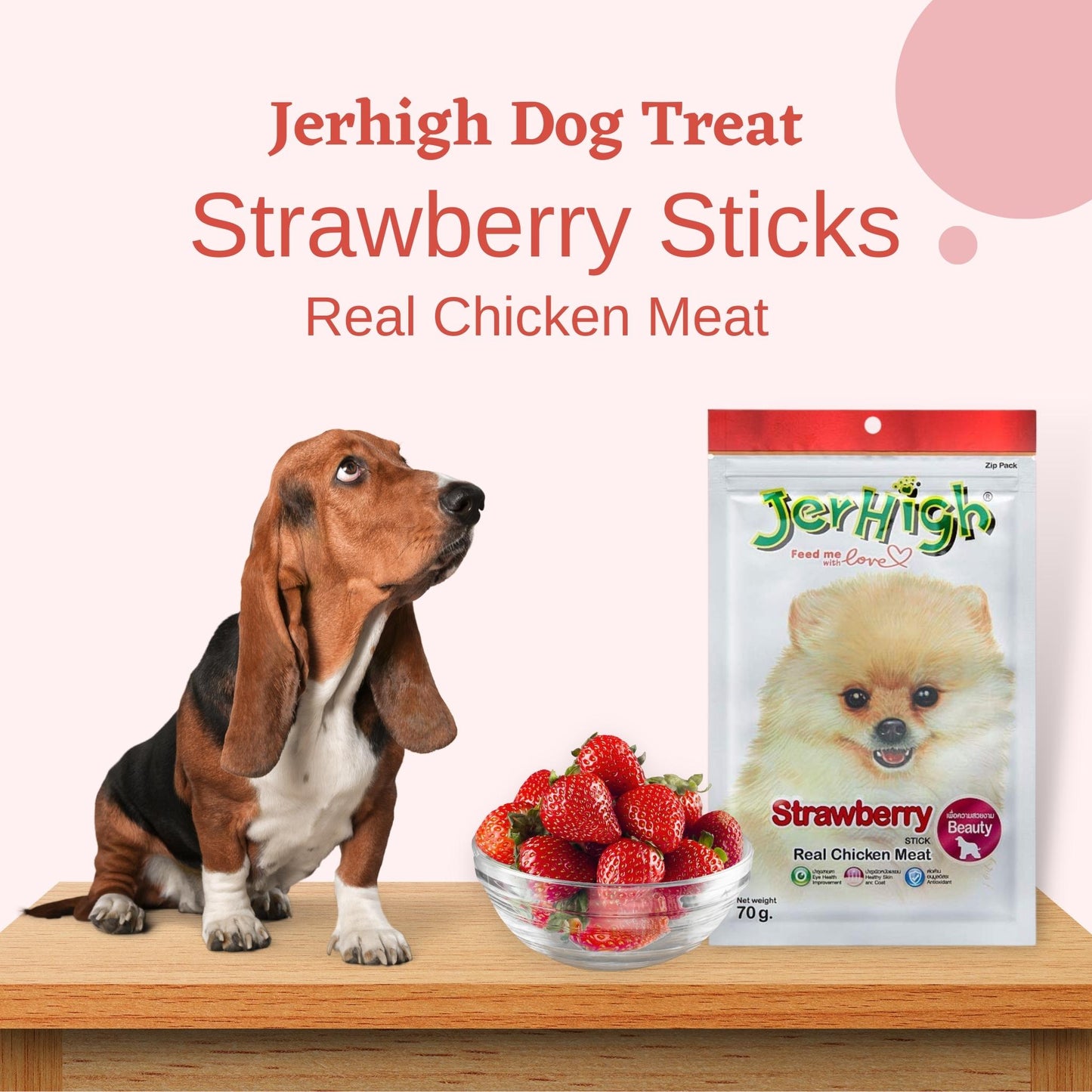 JerHigh Strawberry Stick Dog Treat with Real Chicken - 70gm, Pack of 6