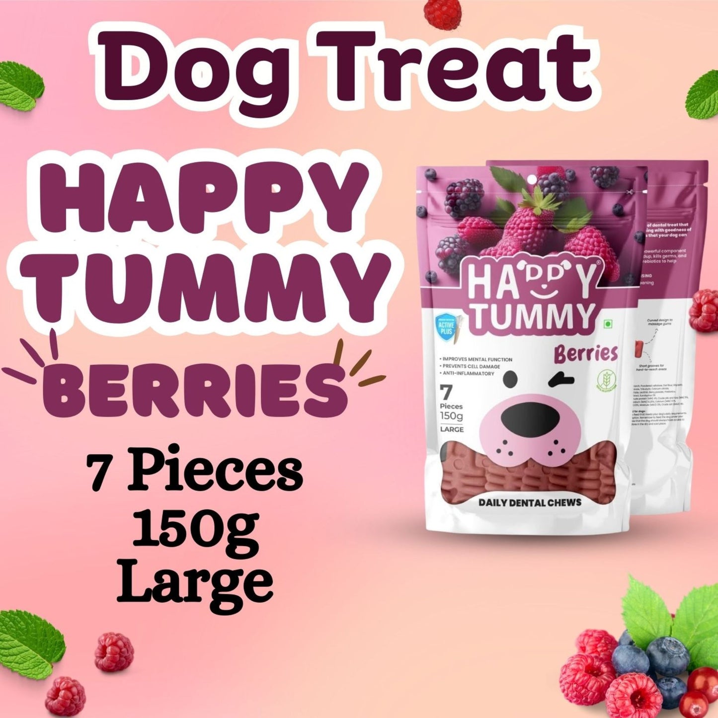 Happy Tummy Dental Chew Bone Treat for Dogs - 7Pcs, Large (Berries)