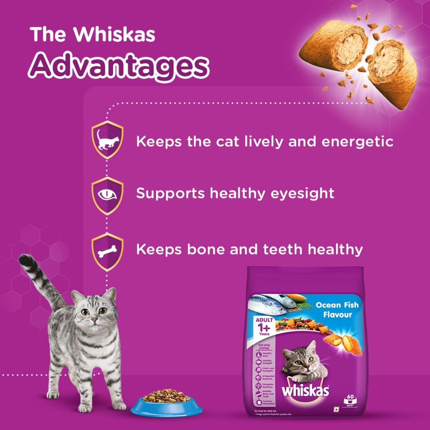 Whiskas Adult Dry Cat Food, Ocean Fish Flavor, 1.2Kg