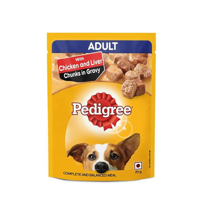 Pedigree Adult Dog Food, Chicken and liver Chunks in Gravy, Pack of 90