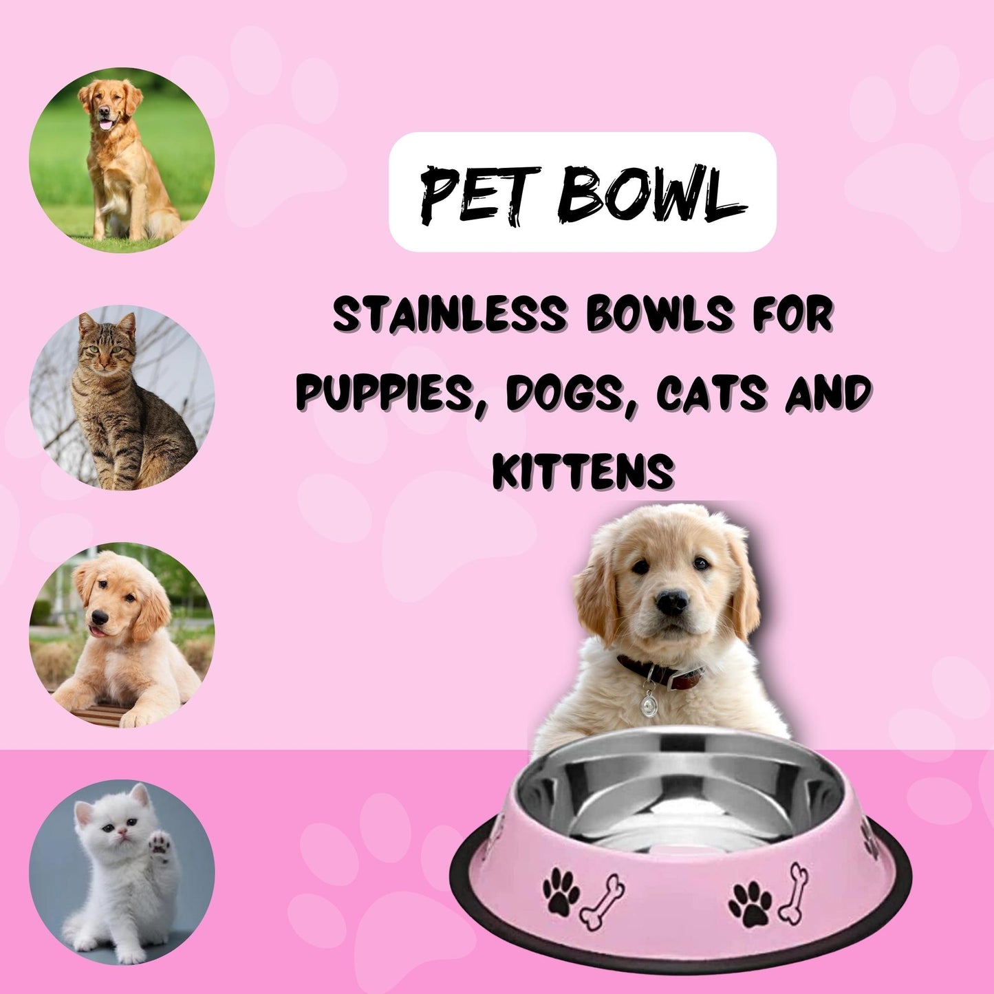 Foodie Puppies Printed Steel Bowl for Pets - 700ml (Baby Pink)