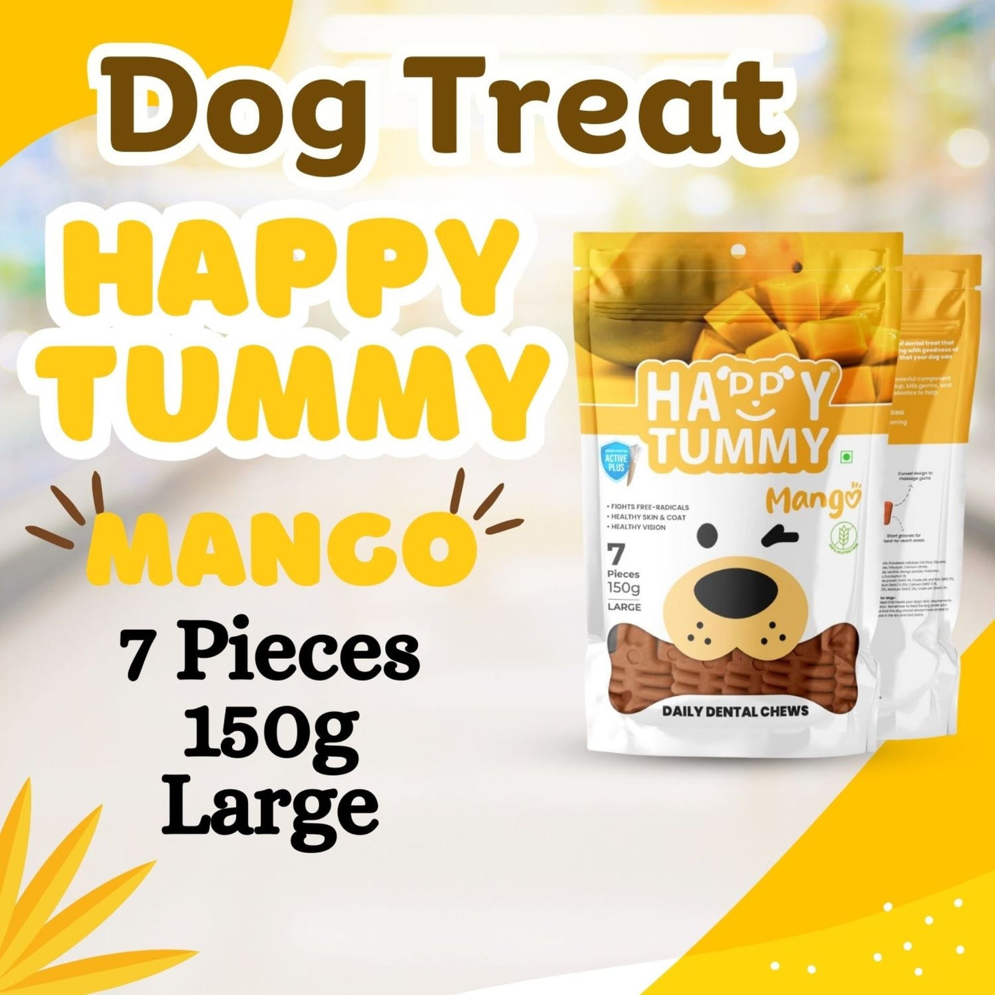 Happy Tummy Dental Chew Bone Treat for Dogs - 7Pcs, Large (Mango)