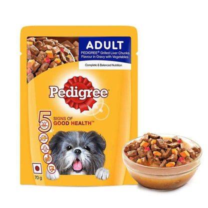 Pedigree Adult Dog Food, Grilled Liver Chunks in Gravy 70g, Pack of 15