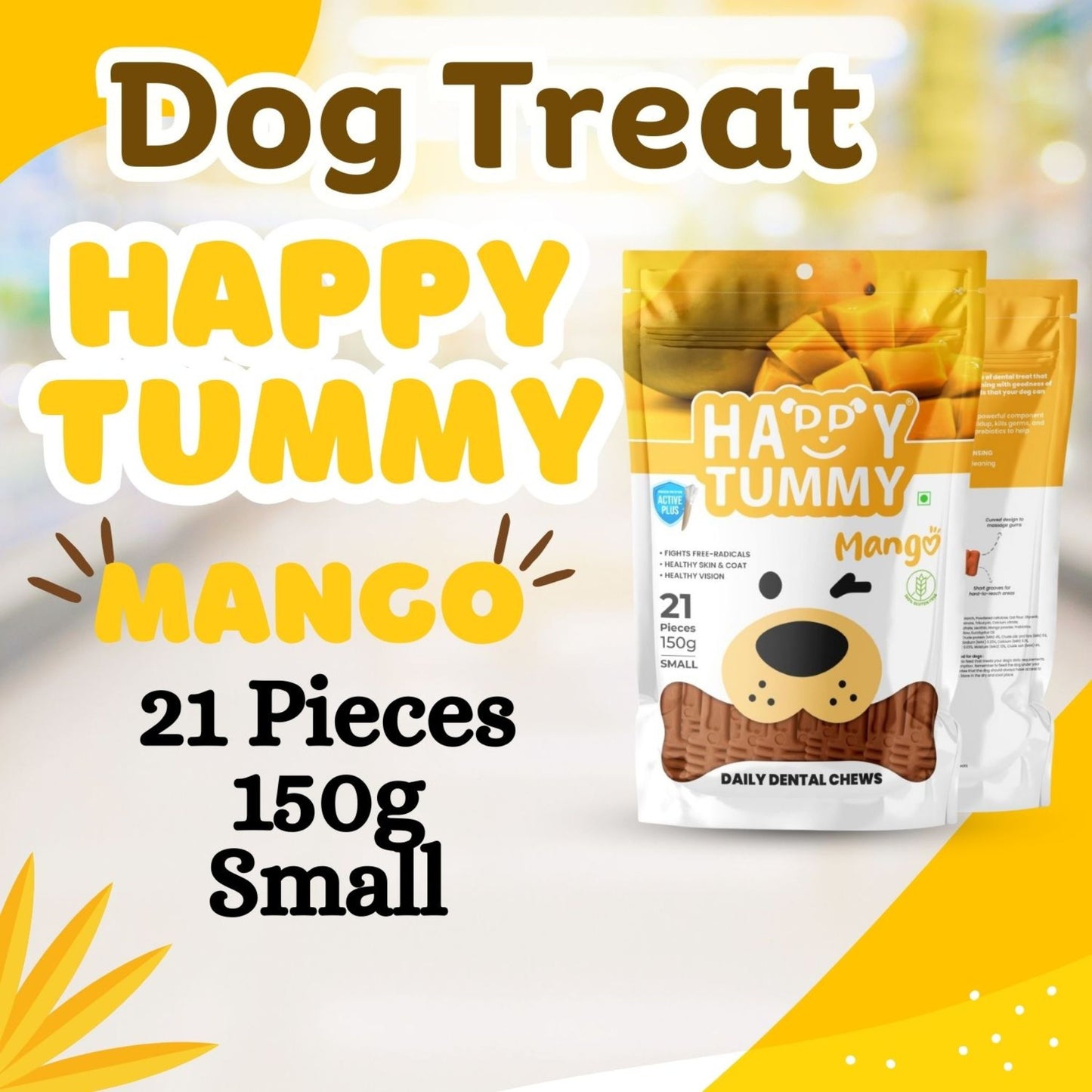 Happy Tummy Dental Chew Bone Treat for Dogs - 21Pcs, Small (Mango)