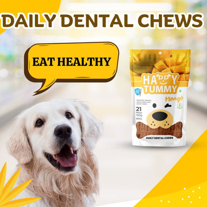 Happy Tummy Dental Chew Bone Treat for Dogs - 21Pcs, Small (Mango)