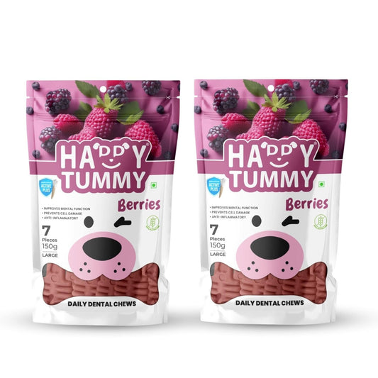 Happy Tummy Dental Chew Bone Treat for Dogs - 7Pcs, Large (Berries, Pack of 2)