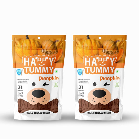 Happy Tummy Dental Chew Bone Treat for Dogs - 21Pcs, Small (Pumpkin, Pack of 2)