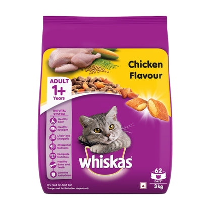 Whiskas Dry Food for Adult Cats (1+ Years), Chicken Flavor, 3Kg