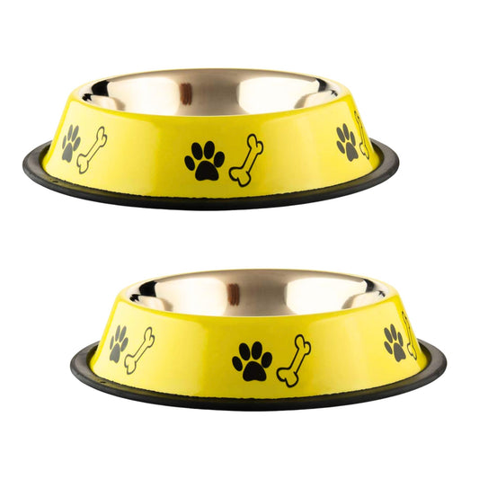 Foodie Puppies Printed Steel Bowl for Pets - 700ml (Yellow), Pack of 2
