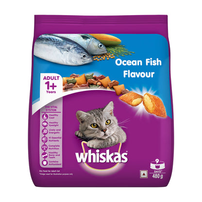 Whiskas Adult Dry Cat Food, Ocean Fish Flavor, 480gm