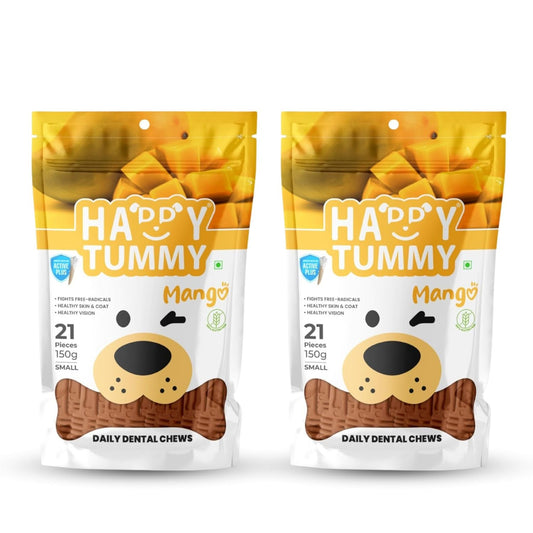 Happy Tummy Dental Chew Bone Treat for Dogs - 21Pcs, Small (Mango, Pack of 2)