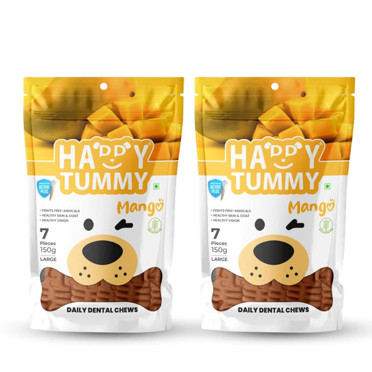Happy Tummy Dental Chew Bone Treat for Dogs - 7Pcs, Large (Mango, Pack of 2)