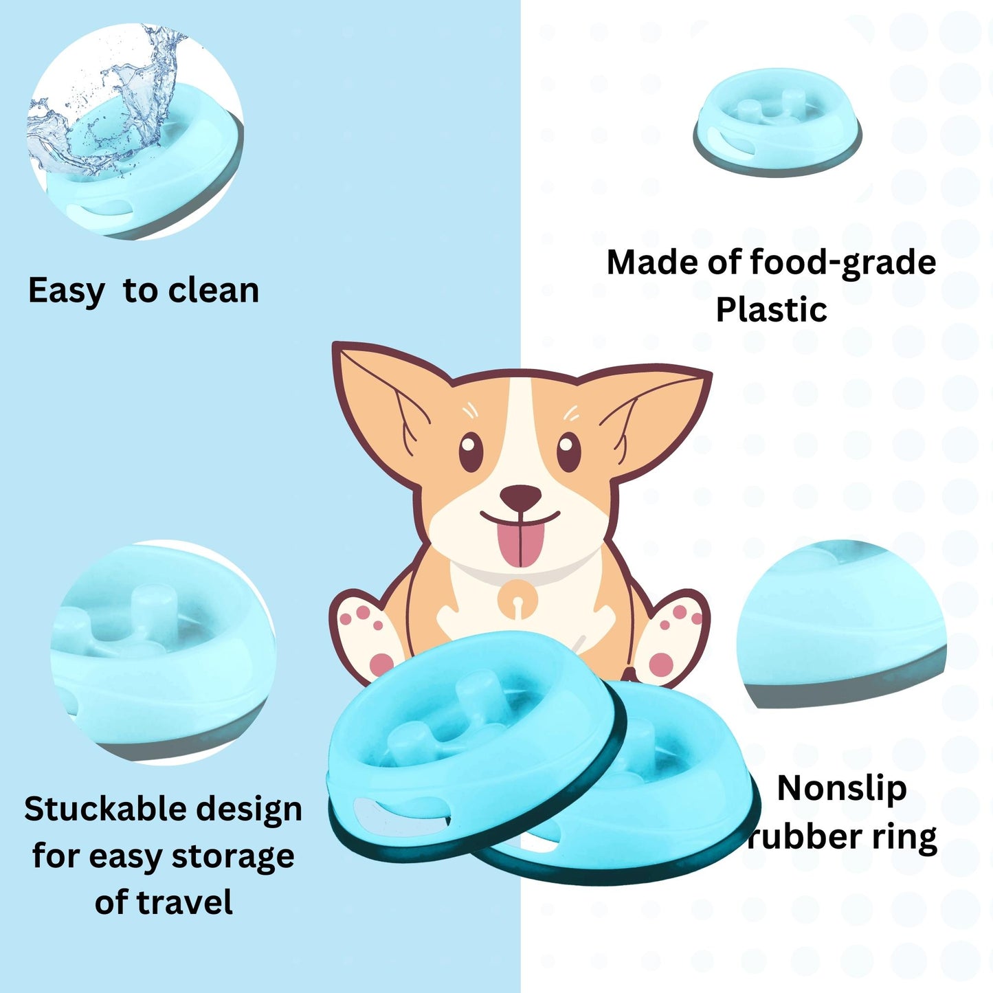 Foodie Puppies Pet Bowl Slow Feeder for Dogs & Cats - 900ml, Sky Blue