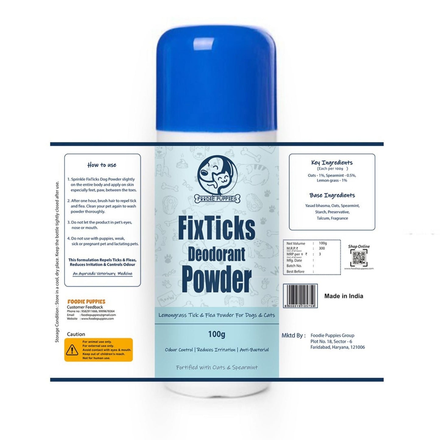 Foodie Puppies Fixticks Pet Deodorant Powder for Dogs and Cats - 100gm